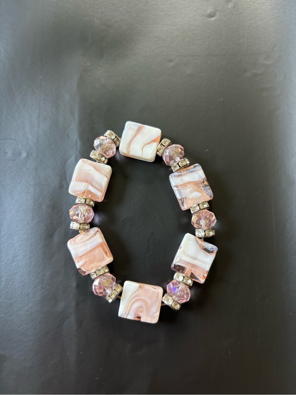 Pink Peach Marbled Beaded Rhinestone Stretch Bracelet